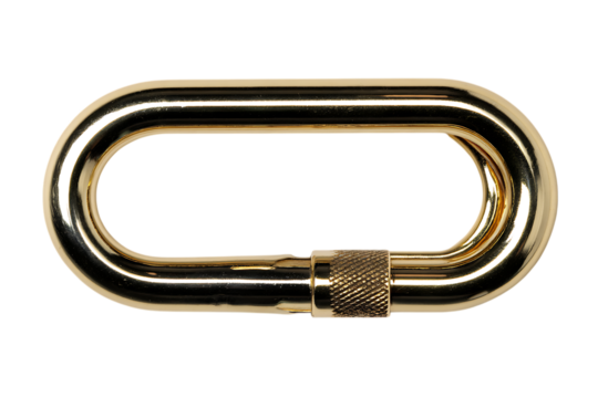 Close up of a shiny gold quick link connector.