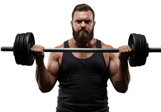 Muscular man performing bicep curls with a barbell isolated on transparent background