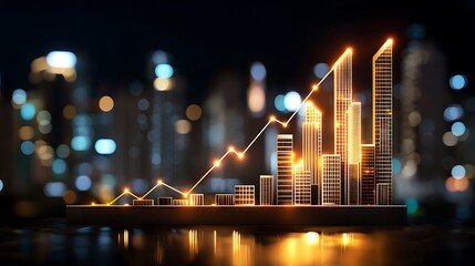 Elegant Gold Bar Chart Blending into Nighttime Cityscape with Bright Growth Indicator, Futuristic Urban Economy Illustration of Bar Graph Evolving into Illuminated Towers, with blurred background
