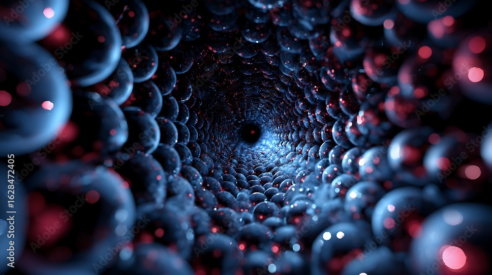 Poster abstract tunnel of spheres creating a dark and futuristic background, a modern and shiny ball patter