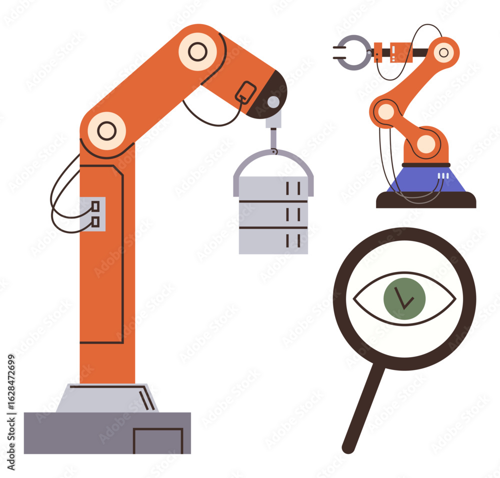 Poster orange robotic arms lifting objects and working collaboratively with a magnified eye representing mo