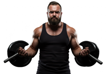 Muscular man performing bicep curls with dumbbells isolated on transparent background