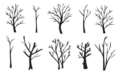 Collection of stylized black silhouette trees in different shapes and sizes perfect for design and illustration