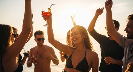 Group of friends enjoying a lively summer beach party, laughing and toasting with cocktails at sunset