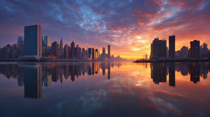 Obraz premium Early Morning Glow: Panoramic View of New York City Skyline and Iconic Manhattan Landmarks at Sunrise