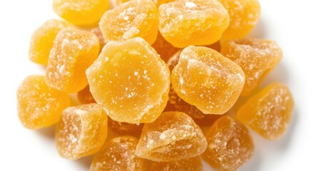Candied ginger pieces isolated on white background