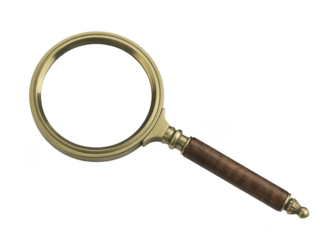 Antique magnifying glass with wooden handle isolated on transparent background