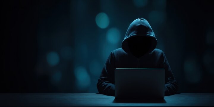 The mysterious hacker working intently on a laptop in a dark environment.