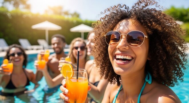 Cheerful young woman with sunglasses and a cocktail smiles at the camera, surrounded by friends enjoying a sunny summer pool party