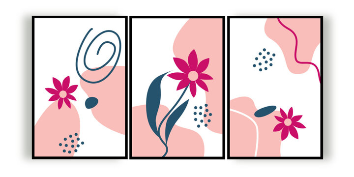 Set of three flowers organic wall art. Scandinavian wall decoration with pink pastel color.
