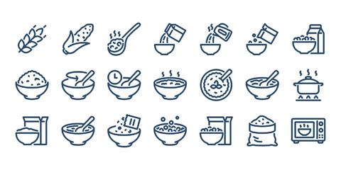 Breakfast, oatmeal and cereals editable stroke outline icons set isolated on white background flat vector illustration.	
