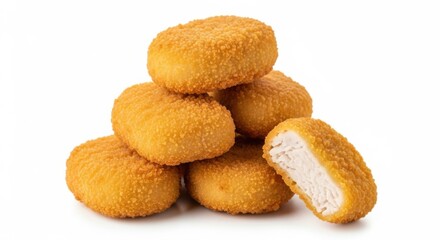 Pile of golden fried chicken nuggets isolated on white background
