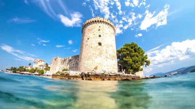 Coastal Fortress Tower, Underwater View, Sunny Day, Adriatic Sea