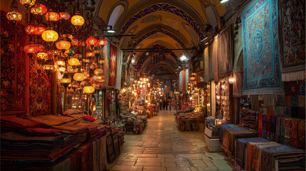 Obraz premium Grand Bazaar in Istanbul with textiles and lanterns