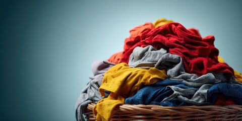 The colorful pile of freshly laundered clothes in a wicker basket.
