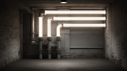 Industrial, dimly lit interior with glowing pipes