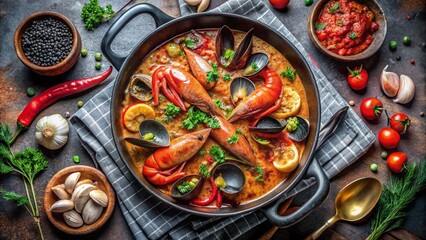 Traditional spanish paella with shrimp, mussels, and vegetables in a cooking pan, served with ingredients