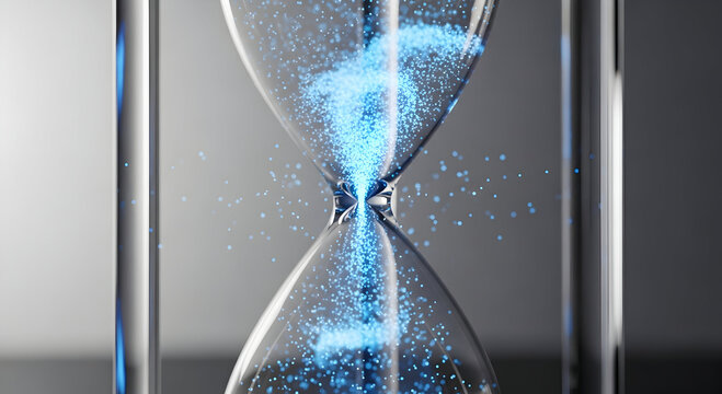 A modern hourglass glows with vibrant blue particles flowing like digital data