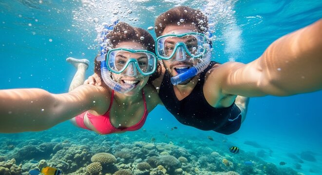 Cheerful and young couple snorkeling underwater, taking a selfie while exploring vibrant coral reefs and marine life in the clear blue sea, perfect for tropical vacation concepts