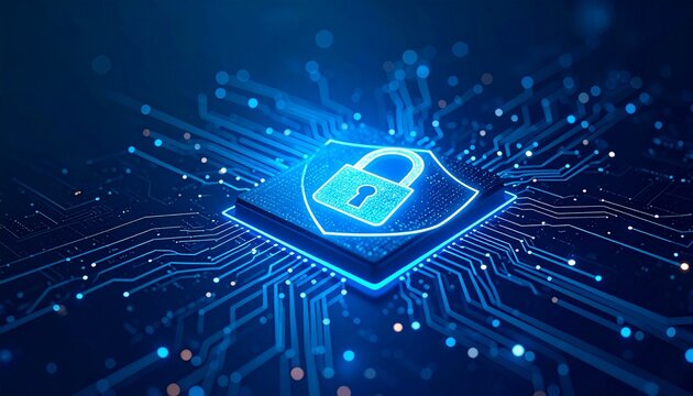 Futuristic digital shield with padlock icon at center, surrounded by circuit lines and tech symbols—blue-lit, dark background evokes cybersecurity, protection, and secure networks.