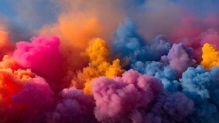 A vibrant landscape of vividly colored smoke, clouds, and abstract formations