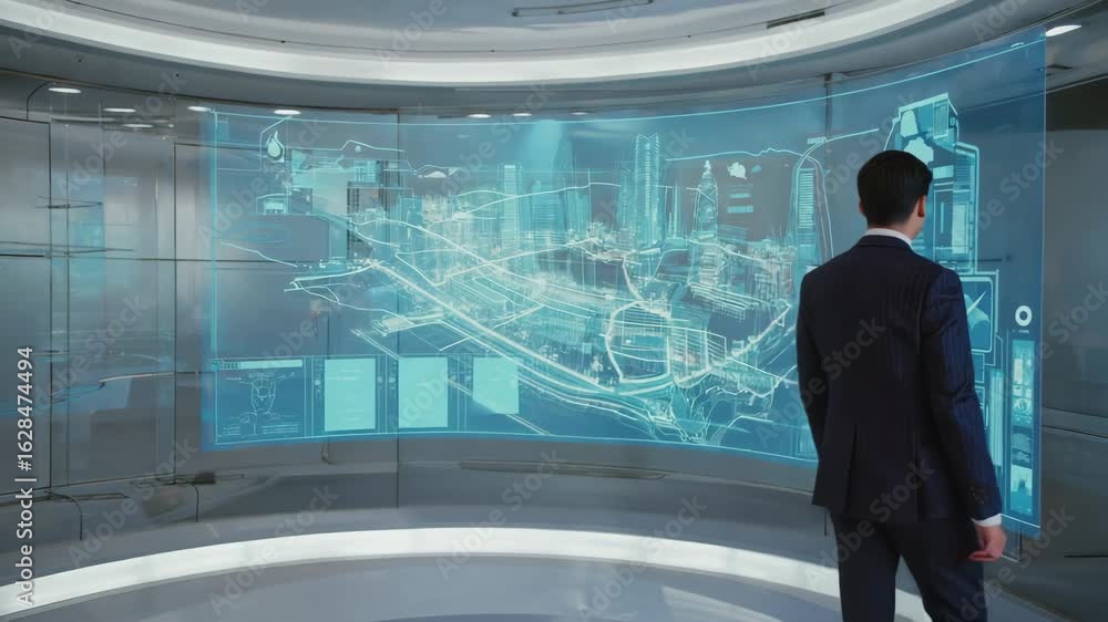 Poster businessman in a suit is standing in a high-tech control room. observing data displayed on a large. 