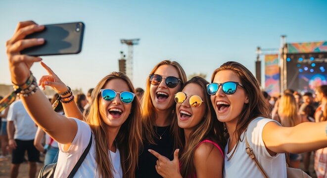 A diverse group of friends takes a joyful selfie at a music festival. This image captures the fun, excitement, and friendship of a live summer event