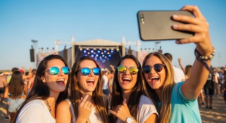 A diverse group of friends takes a joyful selfie at a music festival. This image captures the fun, excitement, and friendship of a live summer event