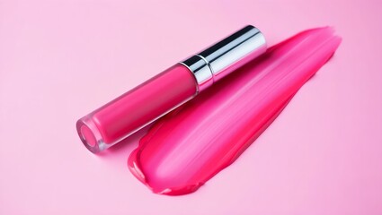 Pink lip gloss with smear on pink background, beauty and cosmetic concept