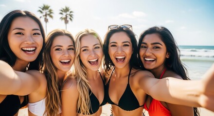 Four diverse and happy friends on a tropical beach take a selfie with a tablet. An image for friendship, travel, and unforgettable summer memories
