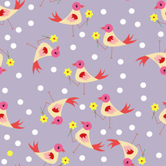 Seamless cartoon bird pattern with playful pink birds holding flowers and colorful polka dots on a soft lavender background. Perfect for kids' fabric, wrapping paper, and decor.