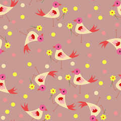 Seamless cartoon bird pattern with playful pink birds holding flowers and colorful polka dots on a warm dusty pink background. Perfect for kids’ fabric, wrapping paper, and cozy decor.