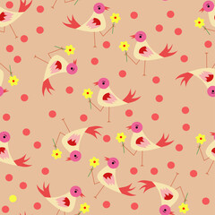 Seamless cartoon bird pattern with playful pink birds holding flowers and colorful polka dots on a soft warm peach background. Perfect for kids’ fabric, wrapping paper, and cozy decor.