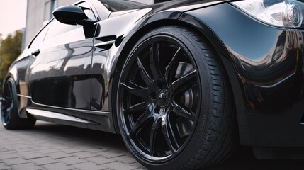 Fototapeta premium Sleek Black Rims on Sport Car: Close-Up of Modern Wheel Design