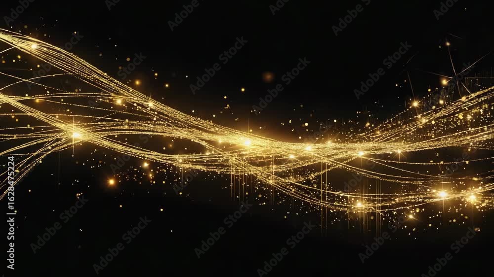 Poster golden particles are flowing on a black background, creating a luxurious and glamorous visual effect