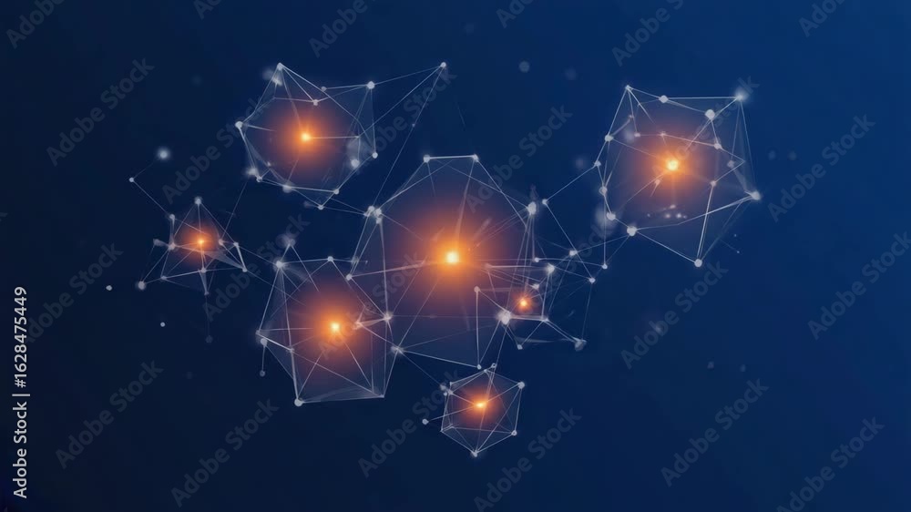 Poster glowing orange dots and bright white lines intertwining to form a complex plexus against a deep blue