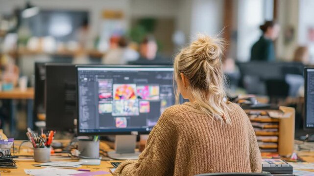 Woman with a bun working on graphic design at a computer in an office focusing on creative visuals and digital artistry