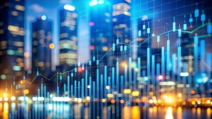 Urban financial district skyline at night with data charts overlaid, symbolizing economic growth, stock market trends, and global business