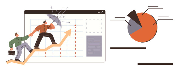 Professionals climb an upward arrow on a grid while holding an umbrella, symbolizing risk management and growth. A pie chart adds analytics. Ideal for business, teamwork, progress, strategy