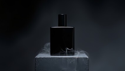 Elegant black perfume bottle on a podium with smoke, capturing luxury and style