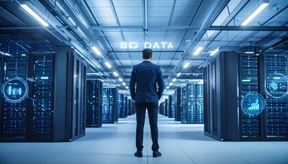 Person in suit stands in vast data center under “BIG DATA” sign—surrounded by servers and holograms, symbolizing analytics, cloud tech, and digital infrastructure.