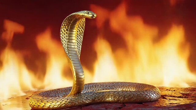 Majestic golden cobra rises from a fiery inferno, its scales gleaming in the intense heat, symbolizing transformation, power, and rebirth