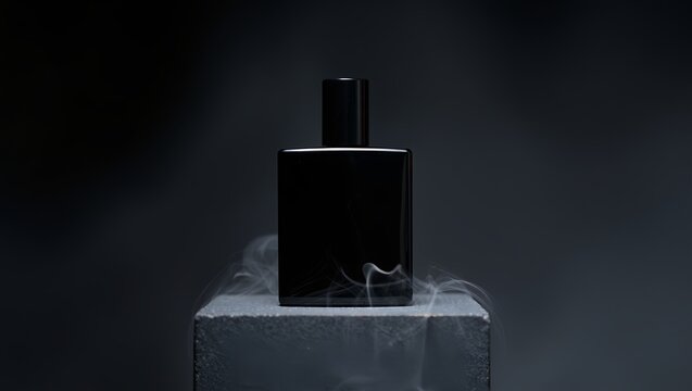 Elegant black perfume bottle on a podium with smoke, capturing luxury and style