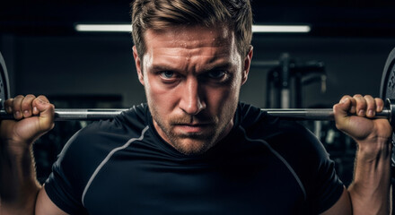 Extreme close-up portrait of an intense and determined man sweating while lifting a heavy barbell in a dark gym with dramatic lighting.