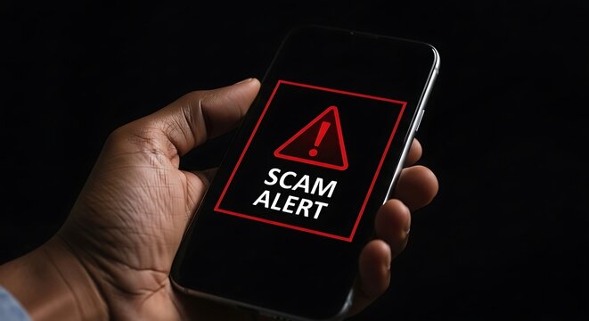 Scam Alert Displayed On Smartphone Screen, Warning About Financial Fraud And Online Threats