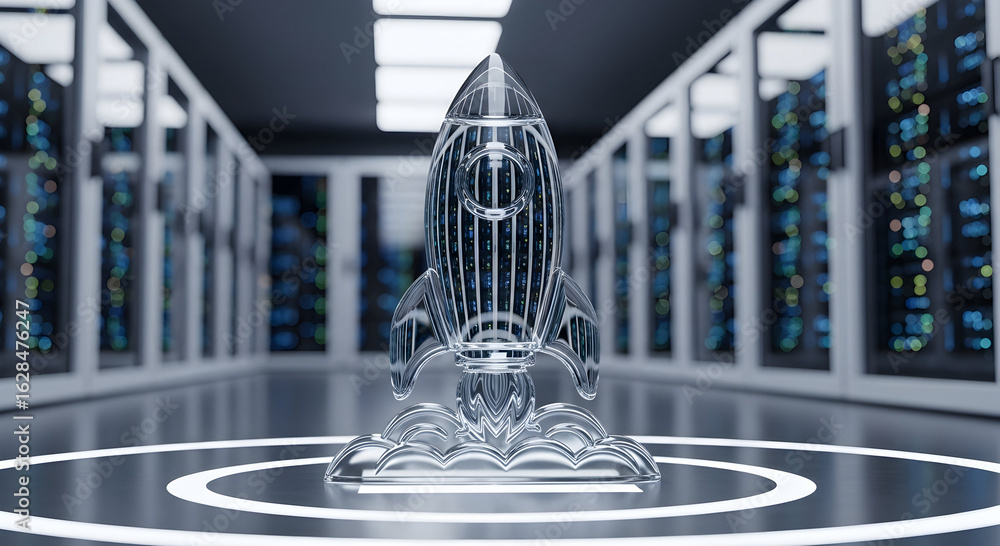 Aufkleber a sleek transparent rocket stands ready for launch on a futuristic platform within a modern server r