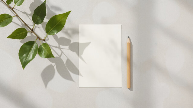 Green Leafy Branch and Pencil on Textured Surface with Sunlight Shadows plant nature