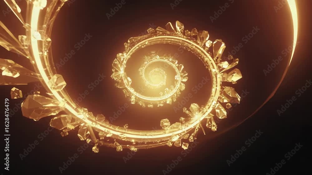 Poster golden crystals rotating along a spiral path create a captivating visual effect, perfect for backgro