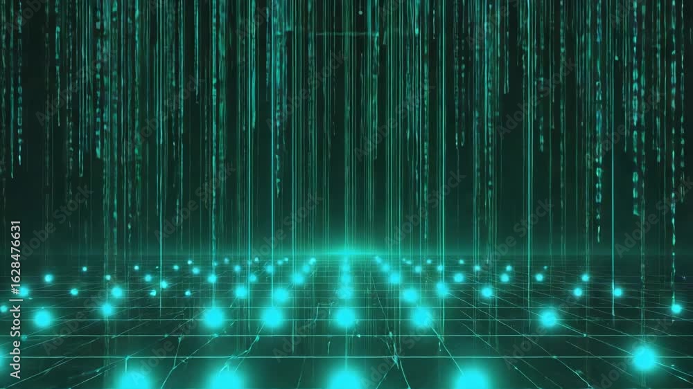 Poster glowing green digital rain cascades onto a grid of interconnected points, forming a dynamic and imme