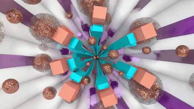 Glitter spheres and turquoise parallelepipeds are converging in a tunnel of white and purple stripes, creating a mesmerizing and abstract visual experience